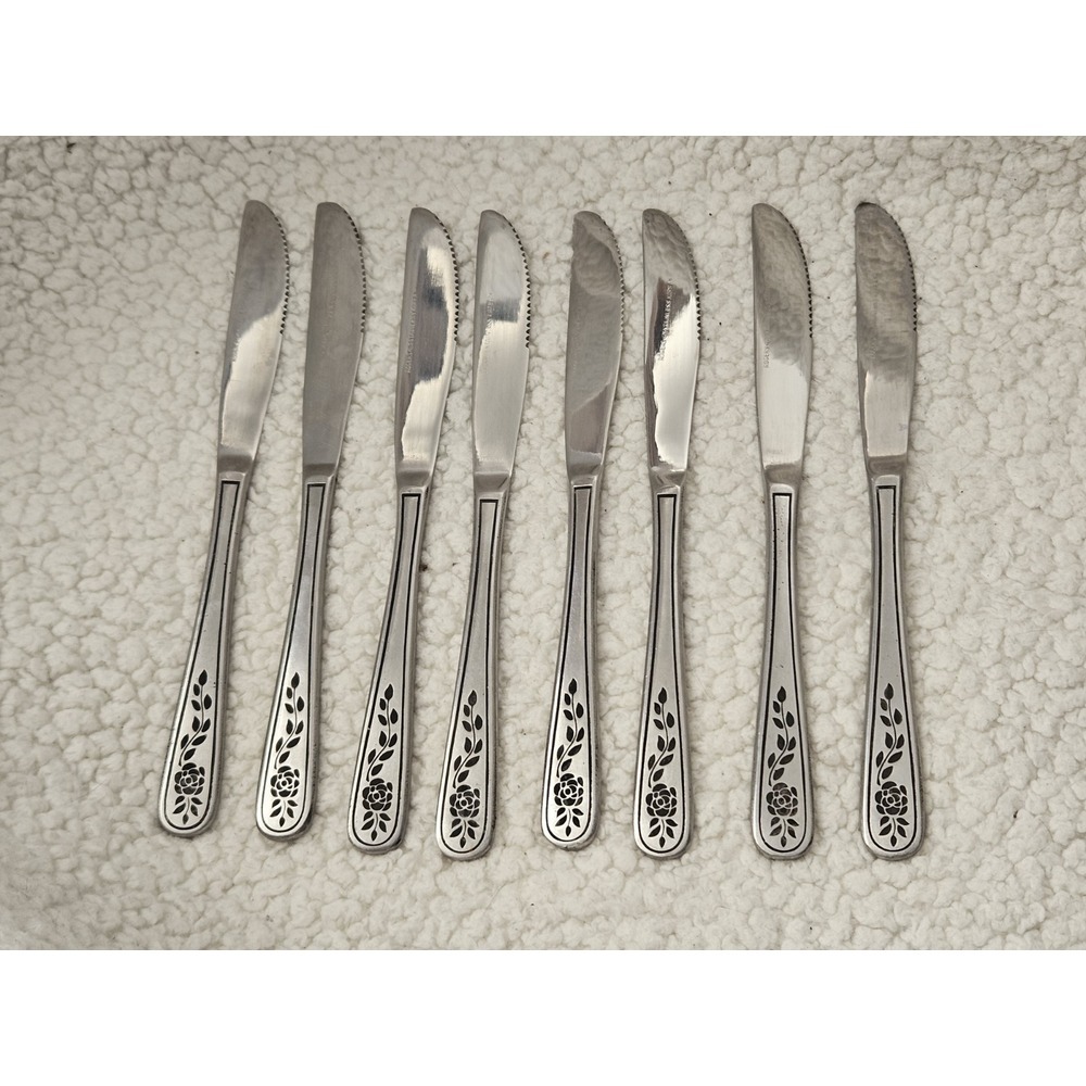 SET OF 8 ROGERS STANLEY ROBERTS FLORAL MIST STAINLESS STEEL KNIVES - Picture 3 of 4